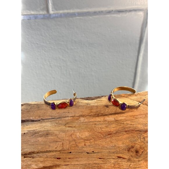 Barse Thai Bronze Earrings Amethyst & Spiny Oyster Orange Stone Semi Hoop Boho - Picture 9 of 9